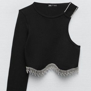 ZARA Limitless Contour Rhinestone Asymmetrical Sleeve Top Black